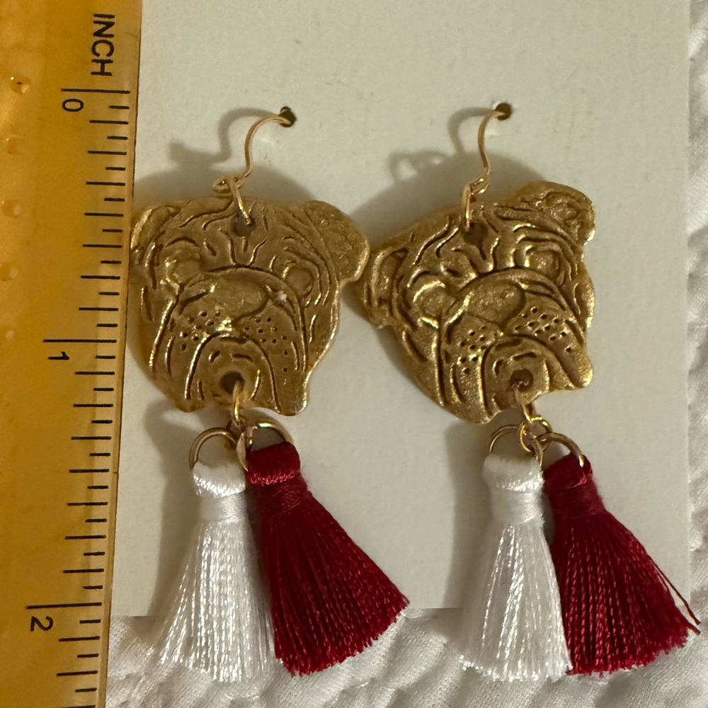 Gold Bulldog Earrings with Maroon and White Tassels - Picture 3 of 3